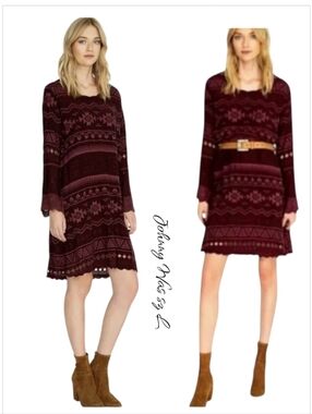 Johnny Was Avery Southwestern Embroidered Mini Shift Dress Burgundy Merlot L NWT